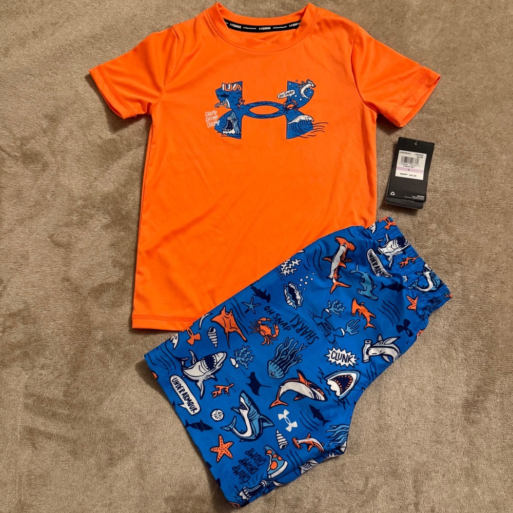 Under Armour Kids Orange Blue Shark Rash Guard Swim Trunks 2pc Set Size 6 NEW